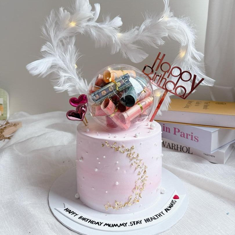 Pinky Feather Money Ball Cake